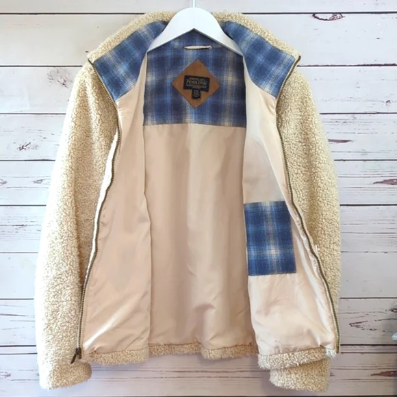 Pendleton Teddy Bear Sherpa Tan Full Zip Fleece Flannel Fuzzy Jacket Size Small - Picture 13 of 16
